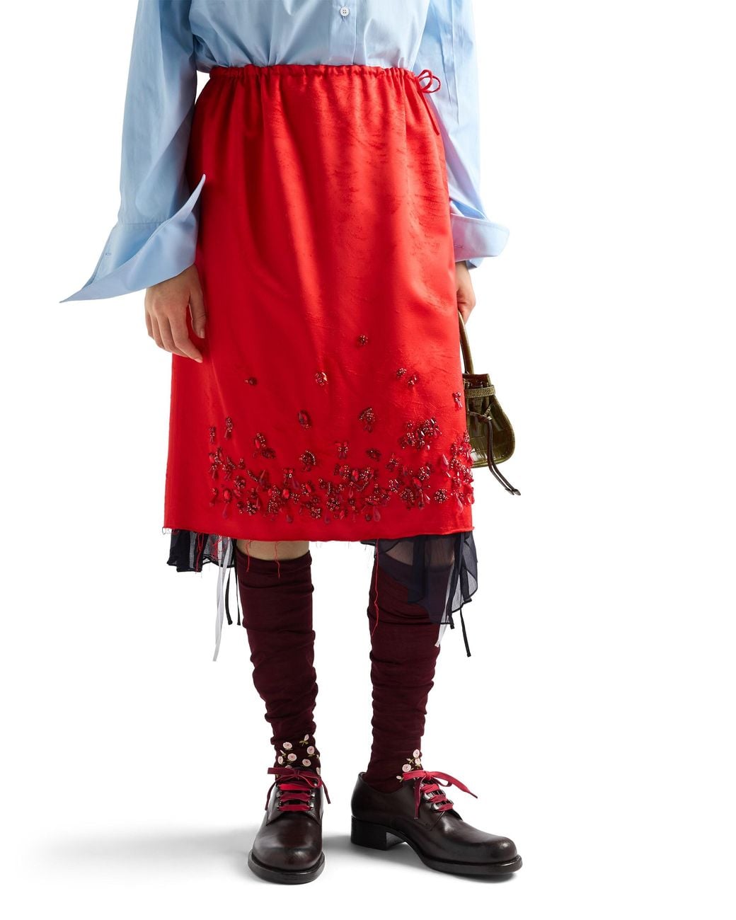 Prada Red Satin Skirt With Embroidery