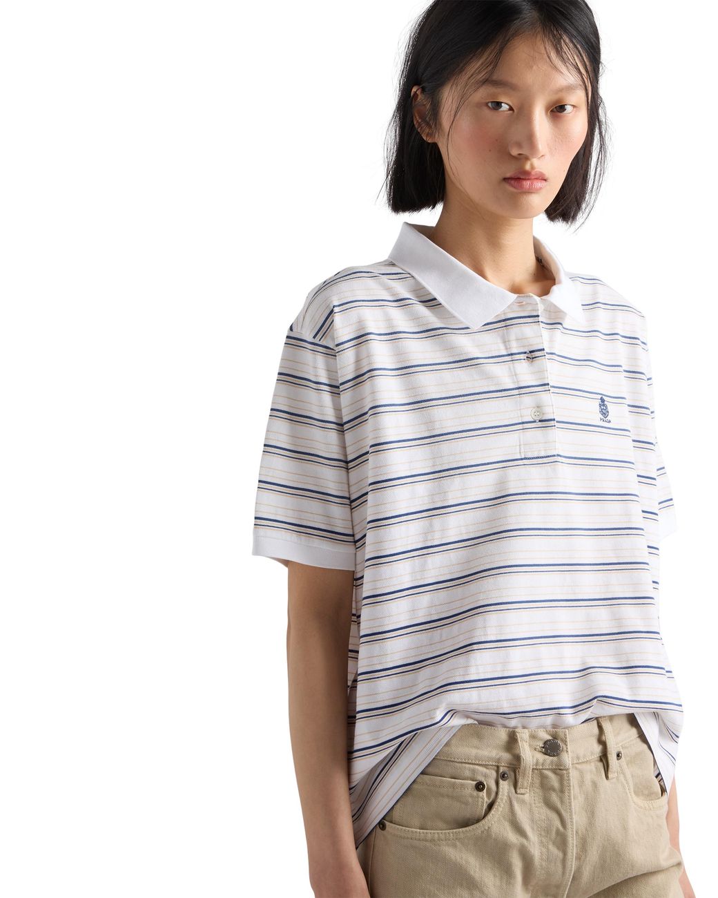 Prada White Striped Piqué Polo Shirt