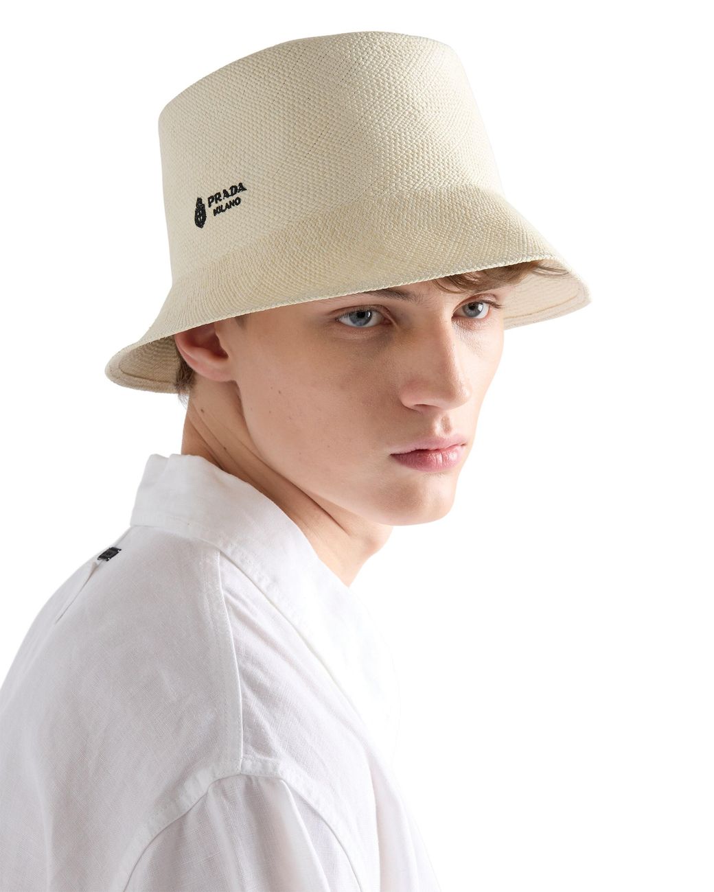 Prada White Panama Fabric Bucket Hat, Natural for men