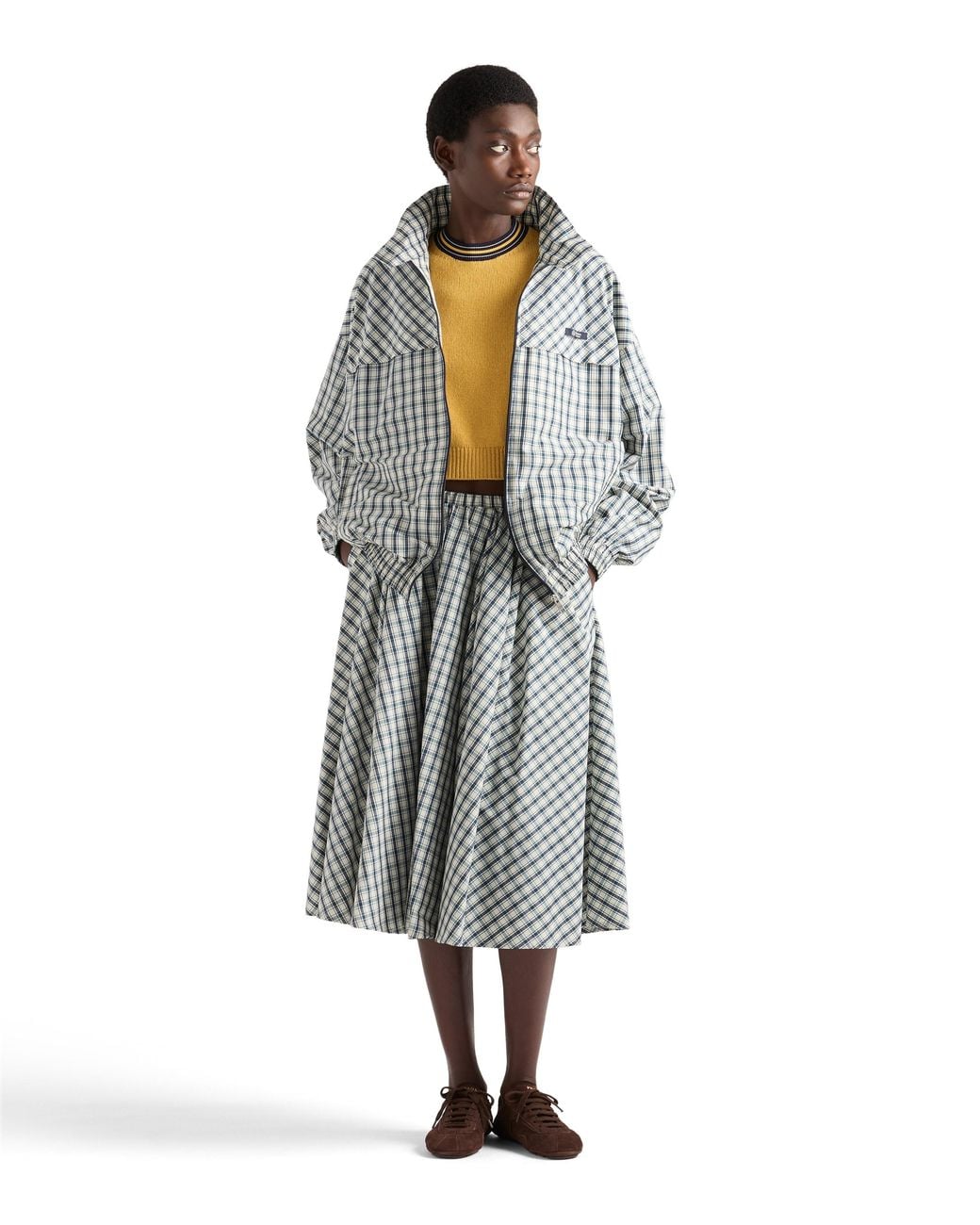 Prada Gray Checked Chambray Blouson Jacket, Ivory