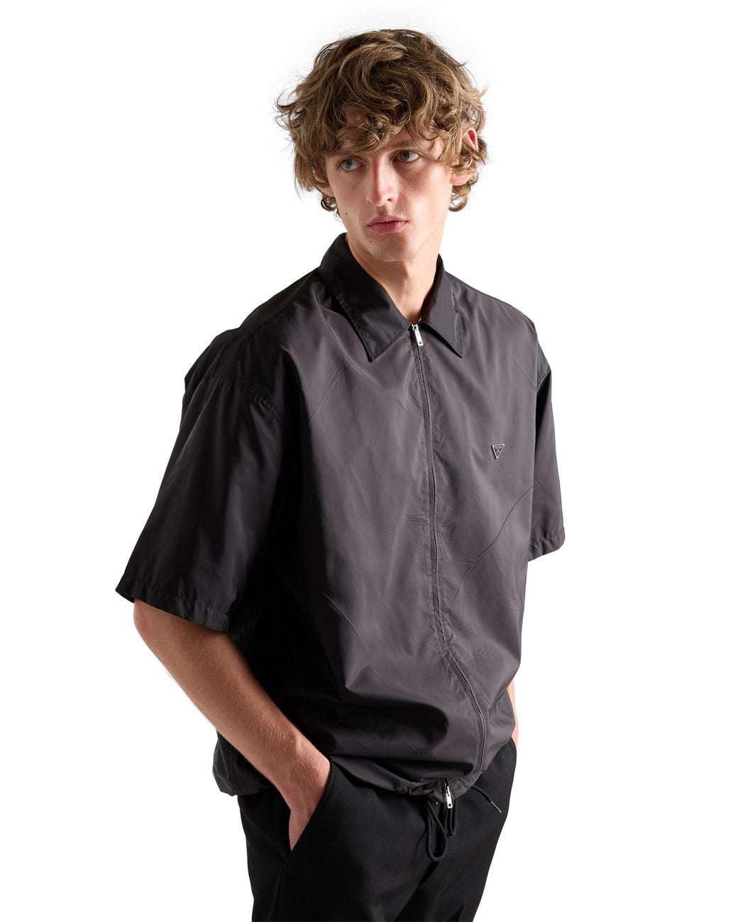 Prada Blue Short-Sleeved Re-Nylon Zipper Shirt for men