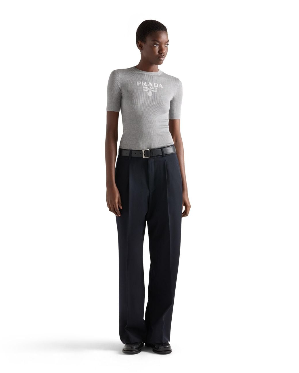 Jersey De Cuello Redondo En Seda Con Logo Prada de color Gray