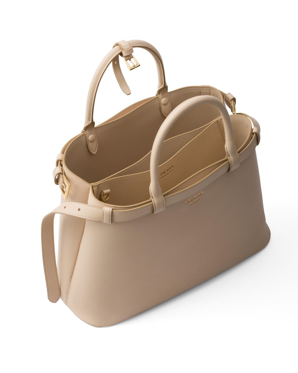 Prada Natural Buckle Medium Leather Handbag With Double Belt