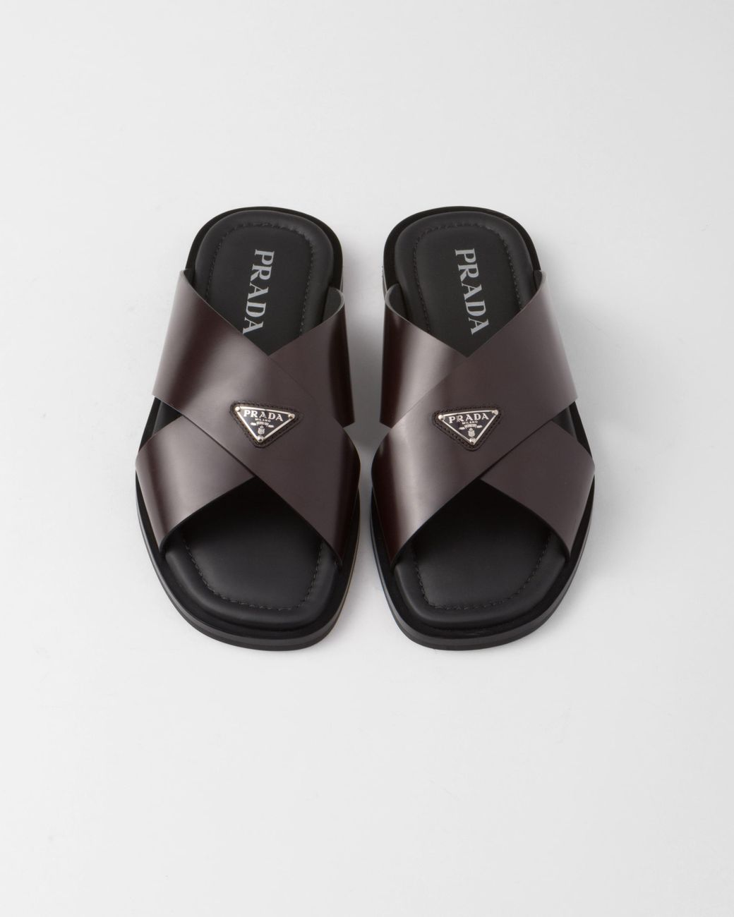 Prada Brushed Leather Crisscross Slides in Brown for Men | Lyst UK