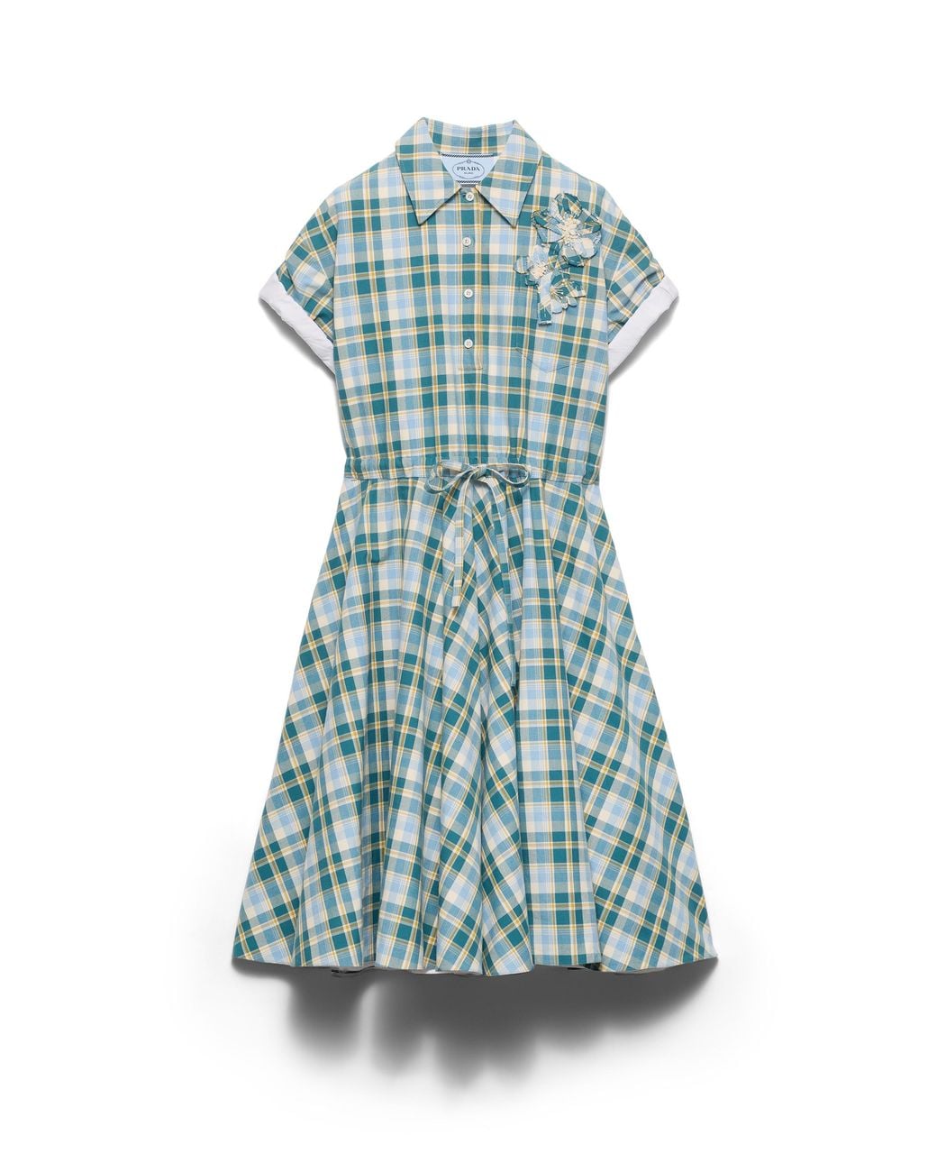 Prada Blue Embroidered Checked Cotton Dress, Natural
