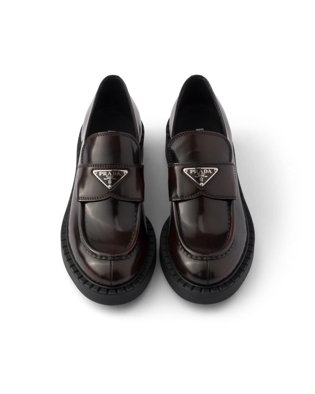 Prada Black Chocolate Brushed Leather Loafers, Sienna
