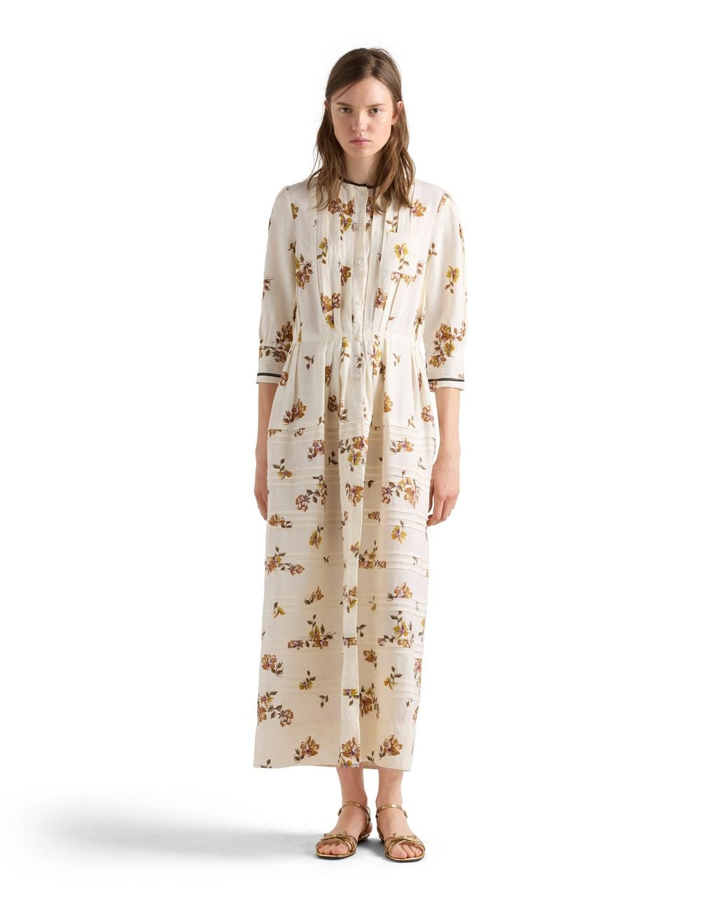 Prada White Long Printed Linen Dress, Tobacco