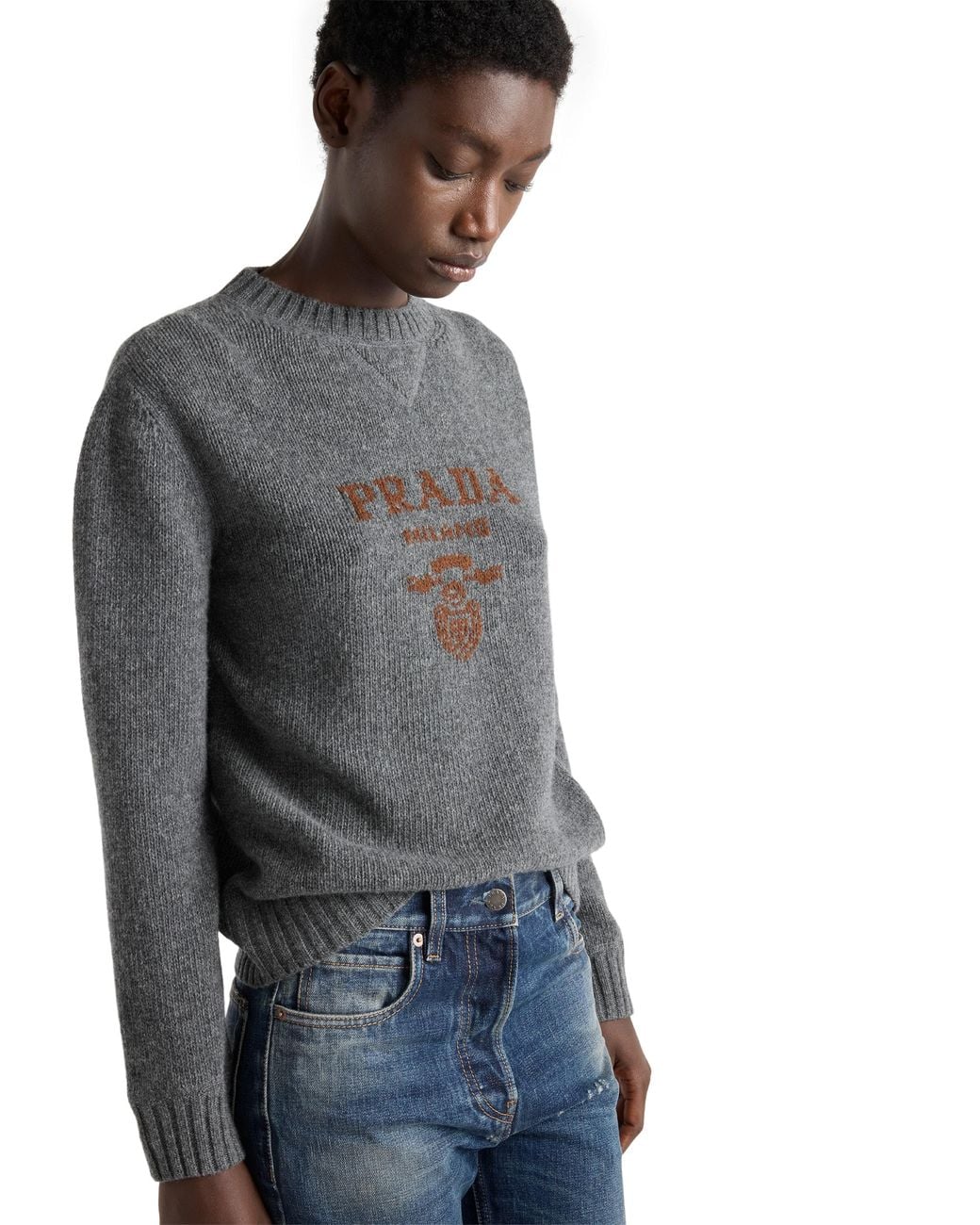 Prada Gray Cashmere And Wool Logo Crew-Neck Sweater