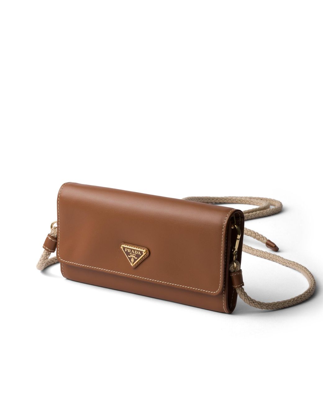 Prada Brown Leather Wallet With Shoulder Strap, Cognac