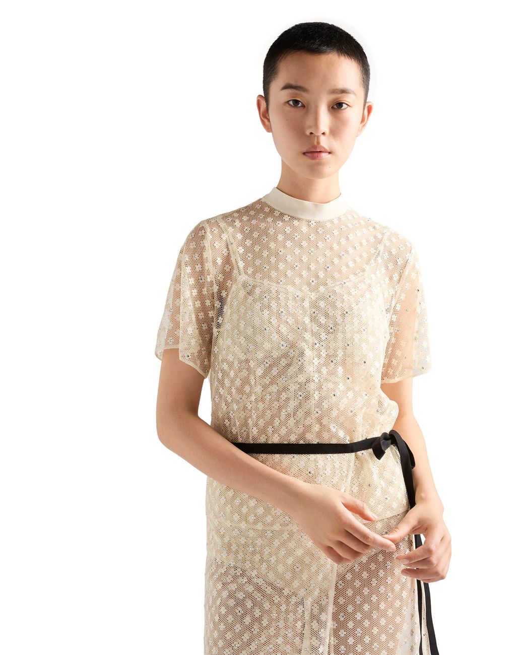 Prada White Embroidered Lace Top, Natural