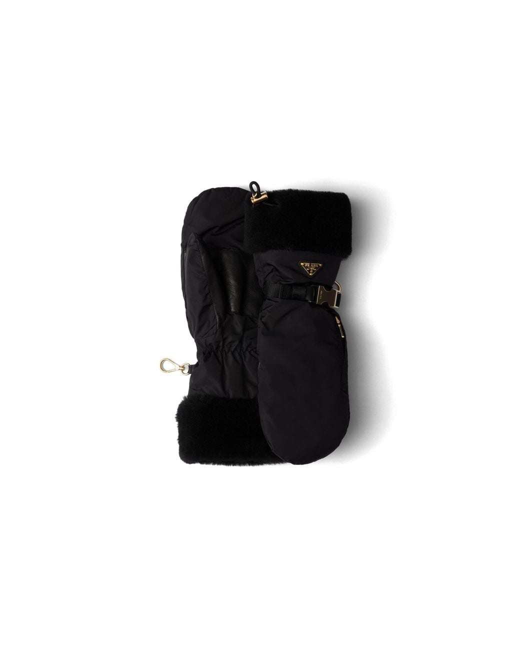Prada Black Re-Nylon And Shearling Mittens, Size 7,5