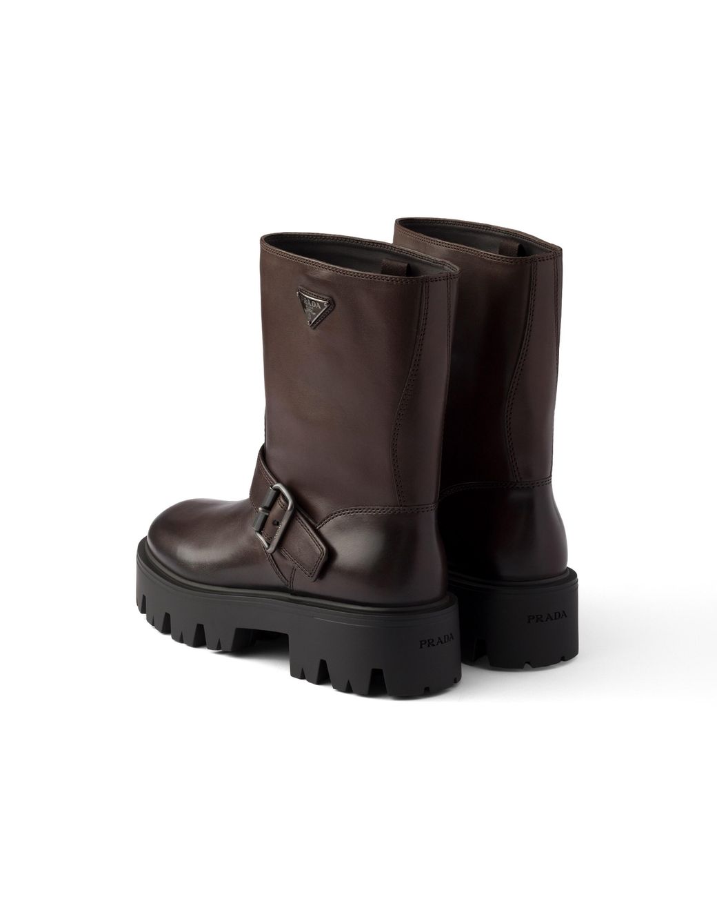 Prada Brown Stride Leather Mid-Calf Boots, Teak