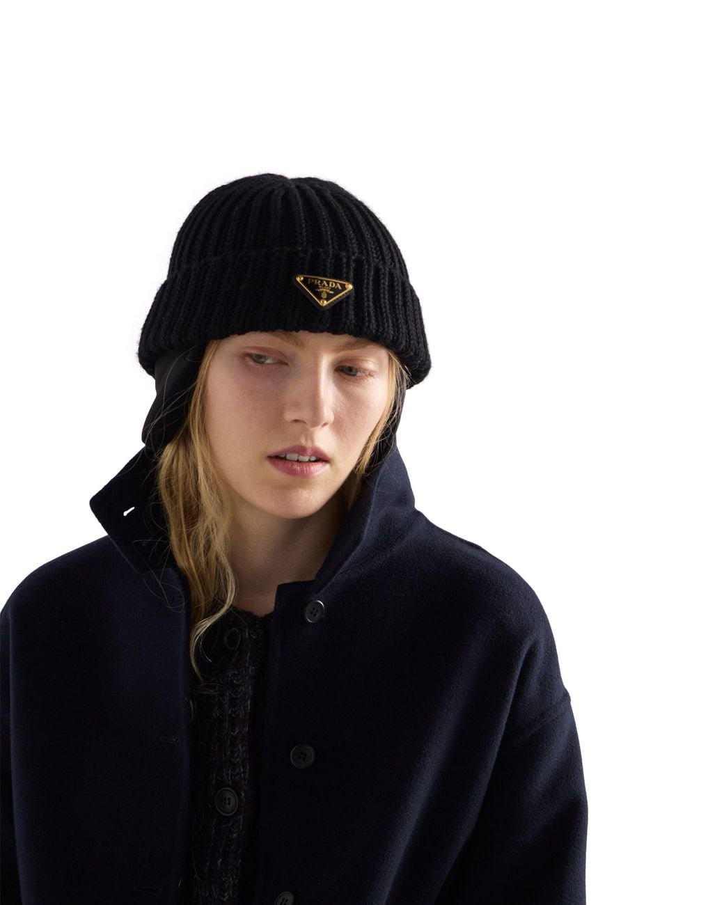Prada Black Triangle-Logo Knitted Beanie Hat