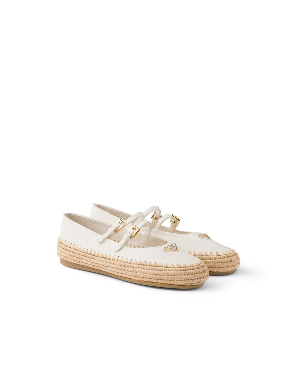 Prada White Logo Leather & Raffia Ballet Flat