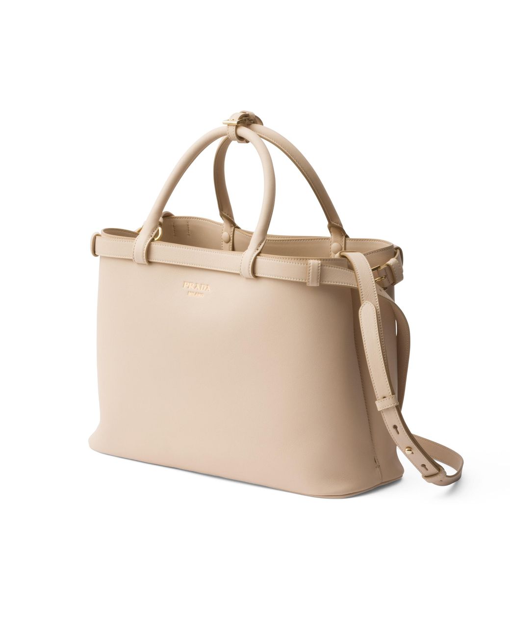 Prada Natural Buckle Medium Leather Handbag With Double Belt