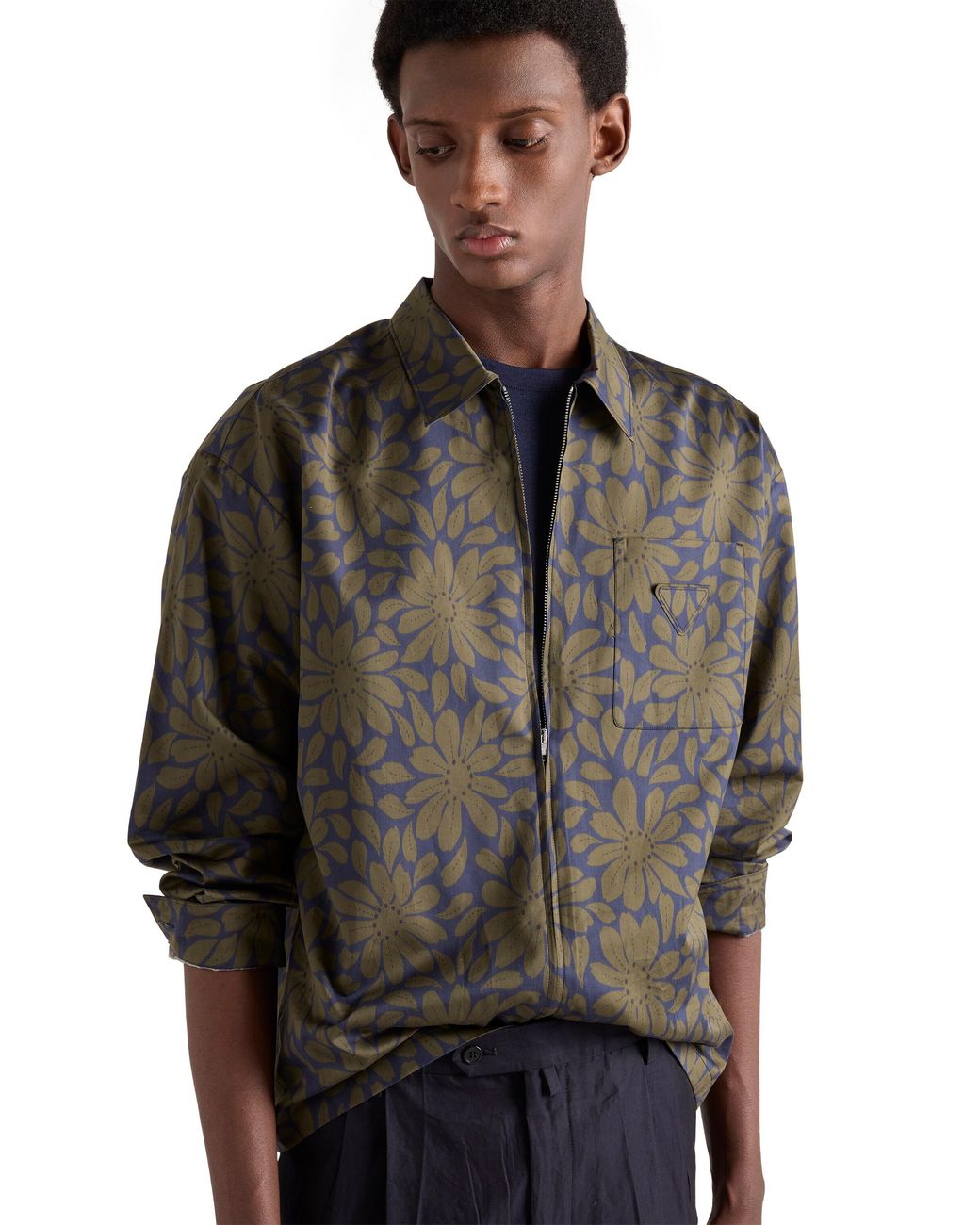 Prada Gray Printed Cotton Blend Zipper Shirt for men