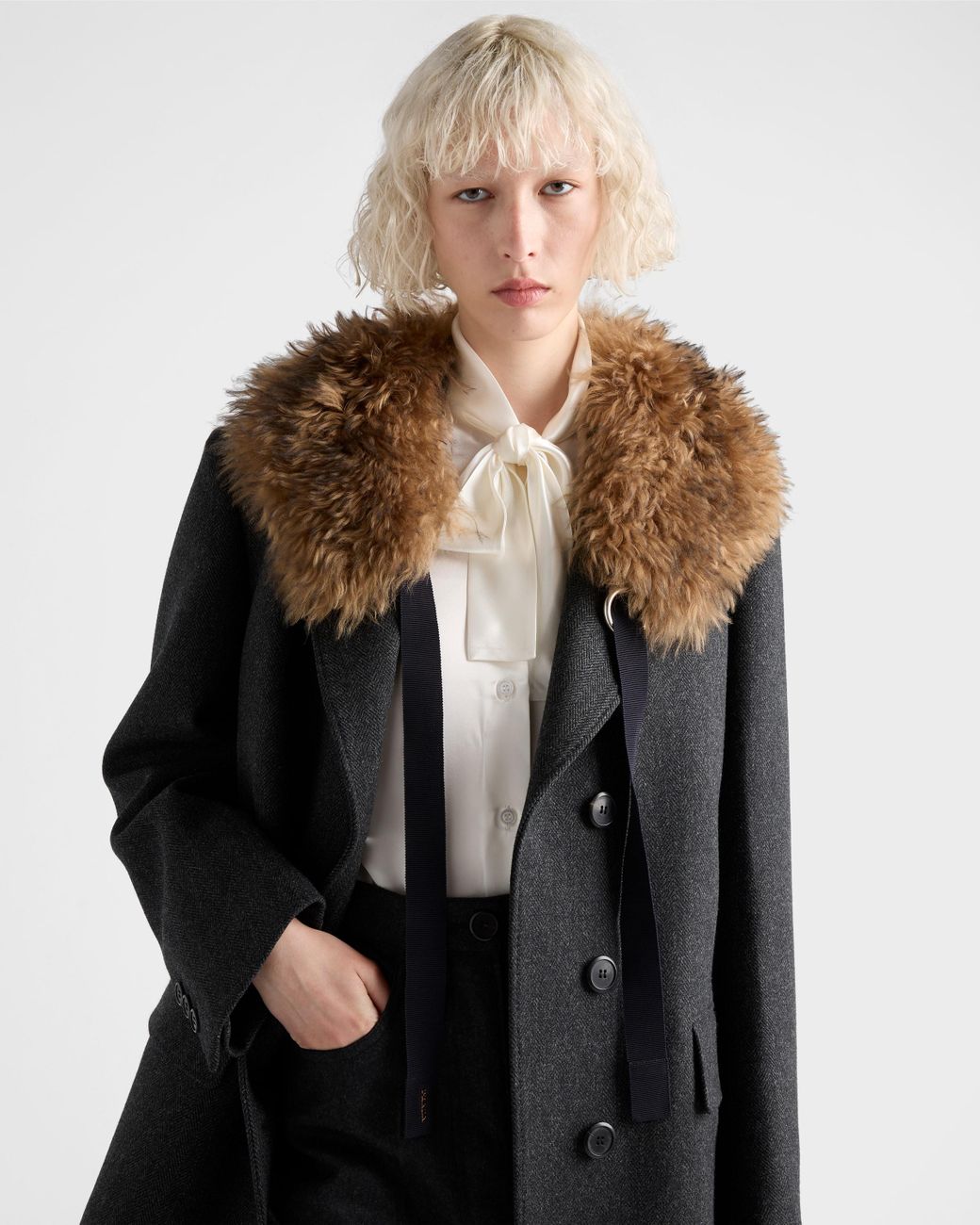 Prada Natural Satin Bow-Neck Button-Down Blouse