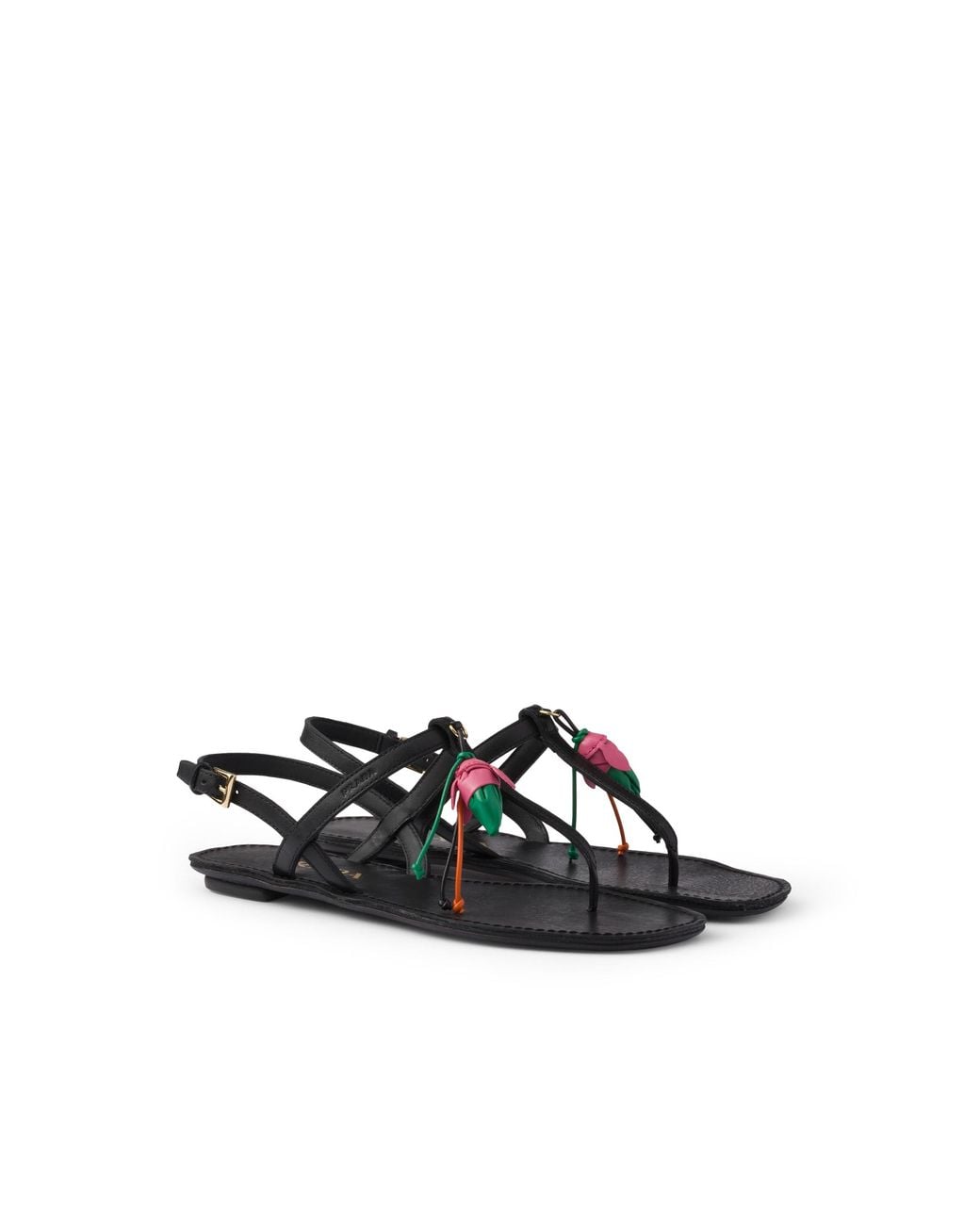 Prada White Antiqued Leather Thong Sandals With Floral Ornament