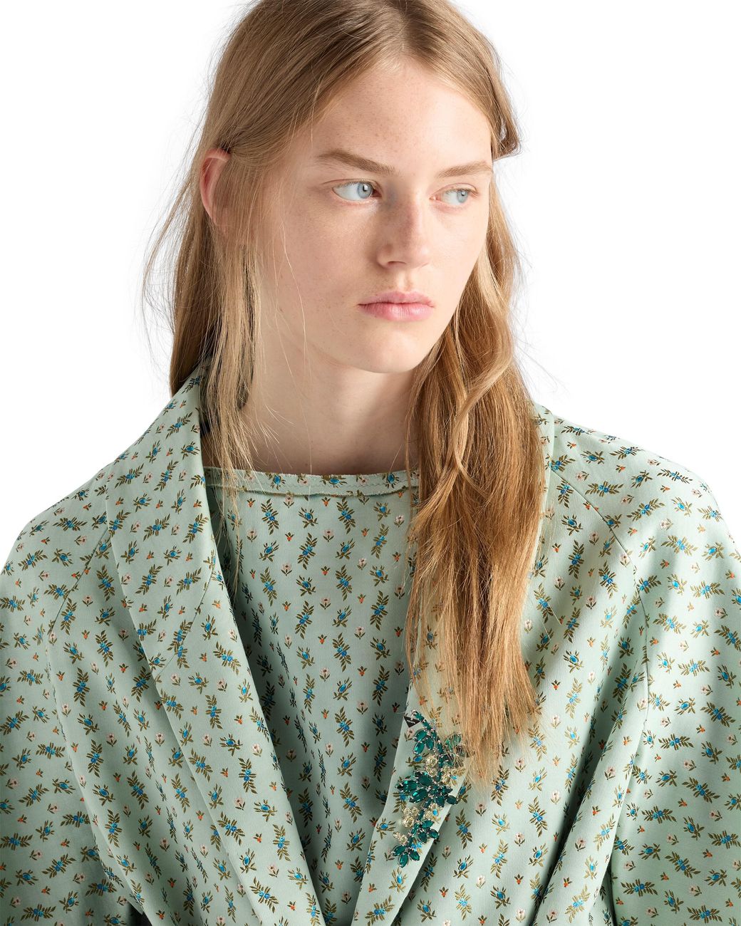 Prada Blue Single-Breasted Floral Jacquard Duchesse Coat