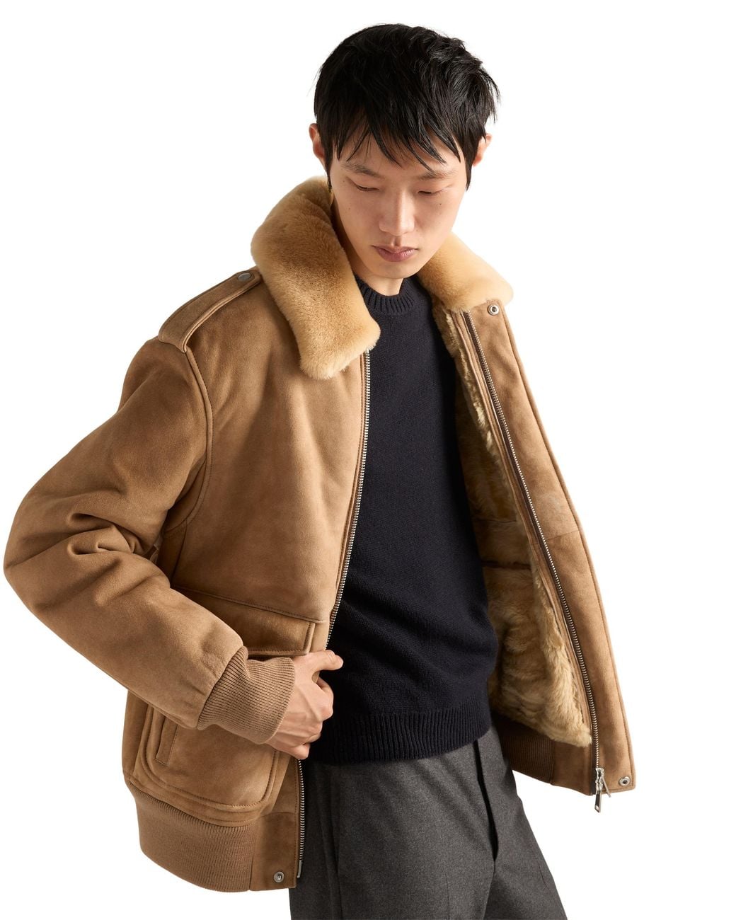 Prada Natural Suede And Shearling Bomber Jacket for men