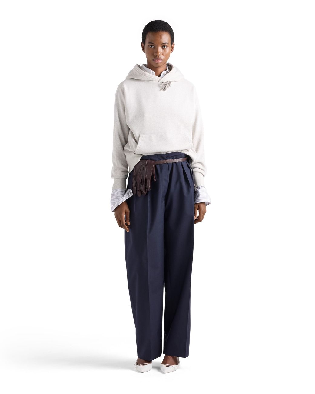 Prada White Cotton Fleece Hoodie With Jewel Brooch, Marble