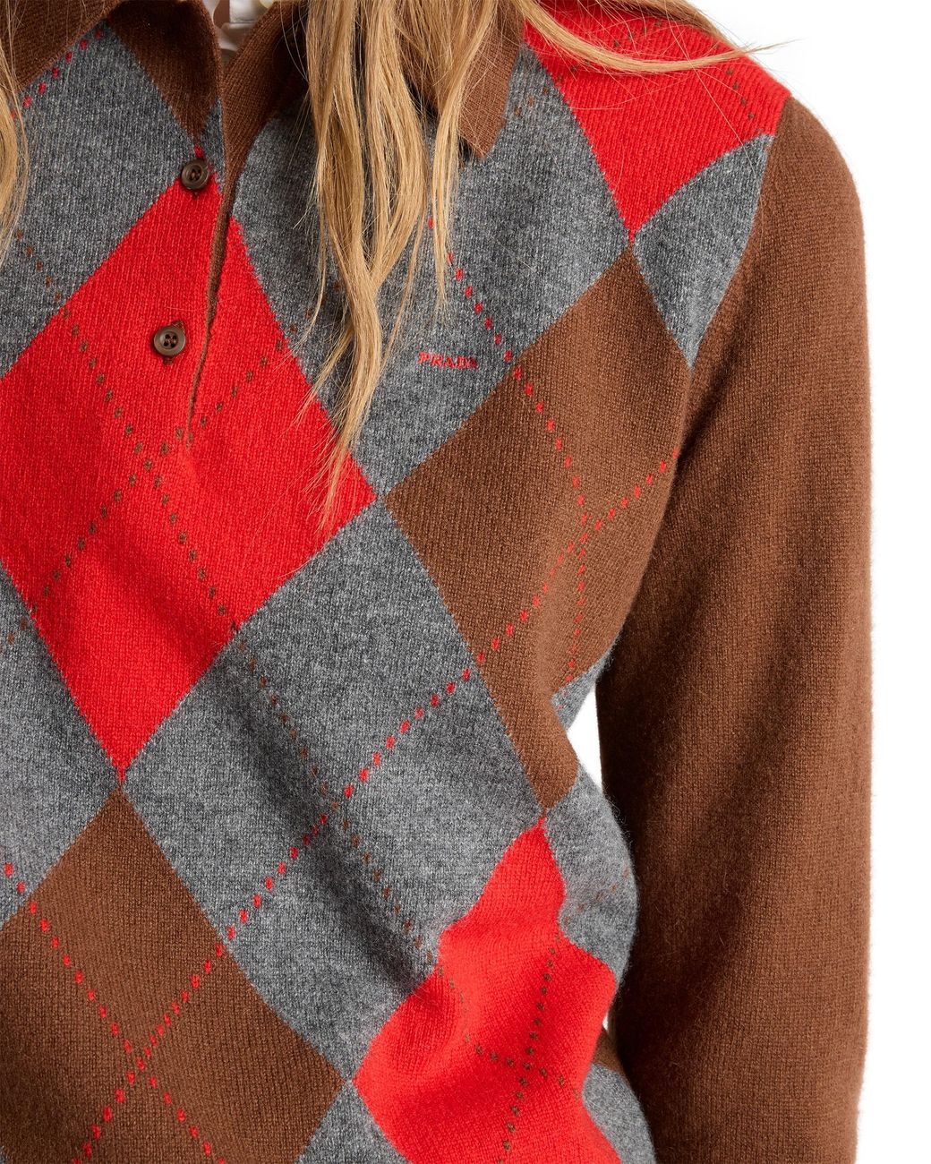 Prada Red Argyle Cashmere Polo Sweater, Tobacco/Slate