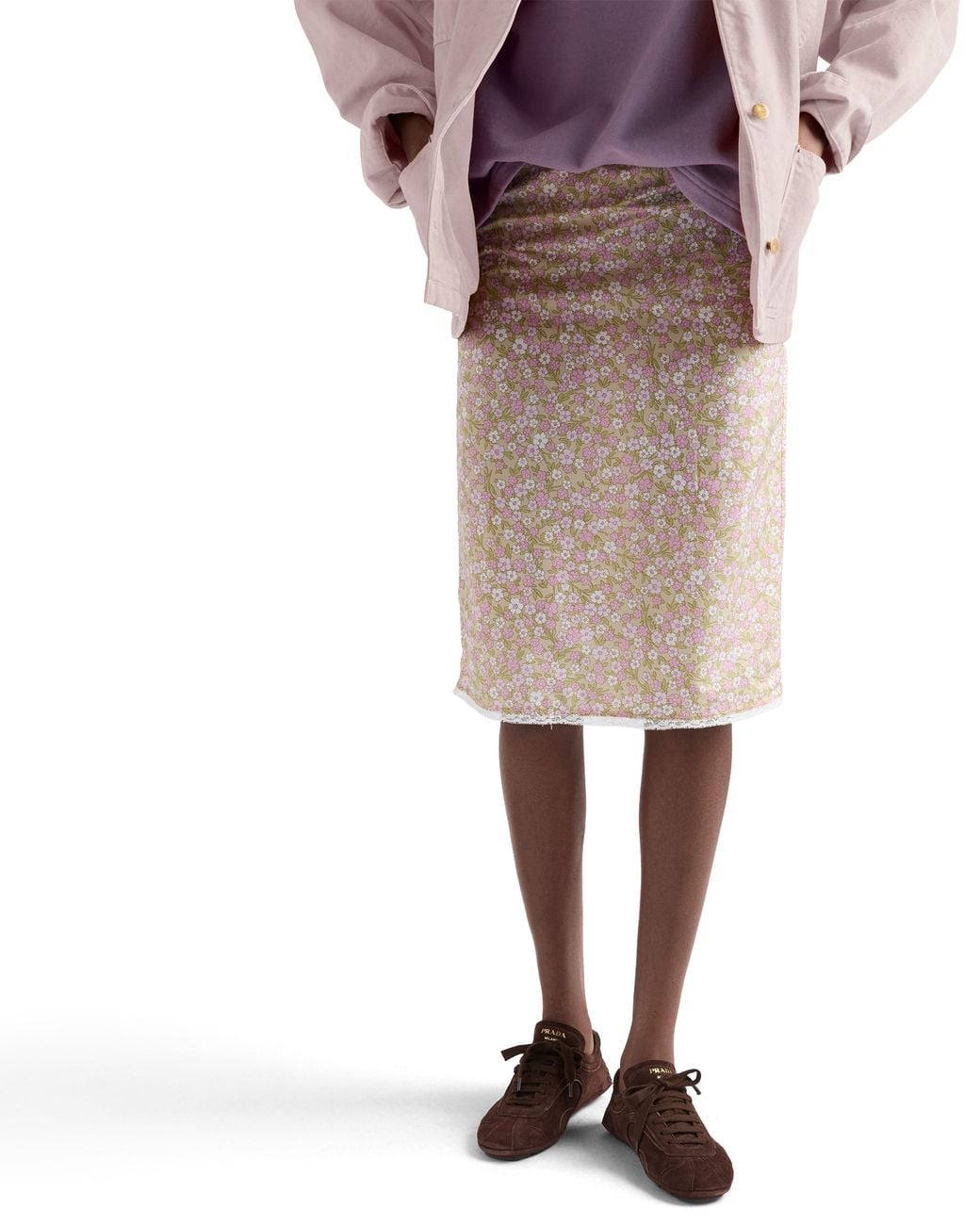 Prada Natural Floral Print Re-Nylon Midi-Skirt, Alabaster