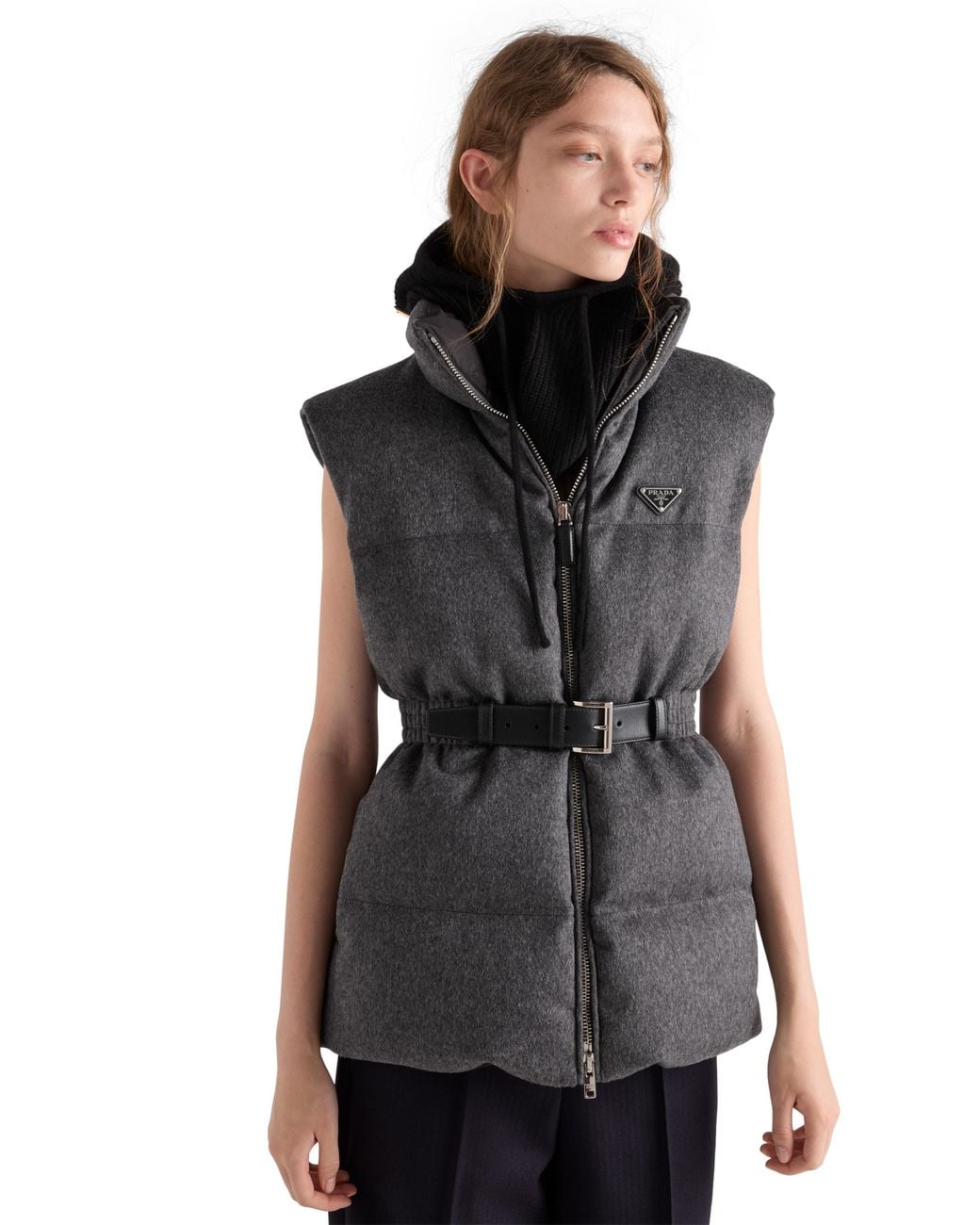 Prada Gray Wool Belted Down Gilet