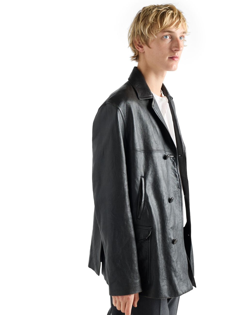 Prada Black Double-Breasted Nappa Leather Caban Jacket for men