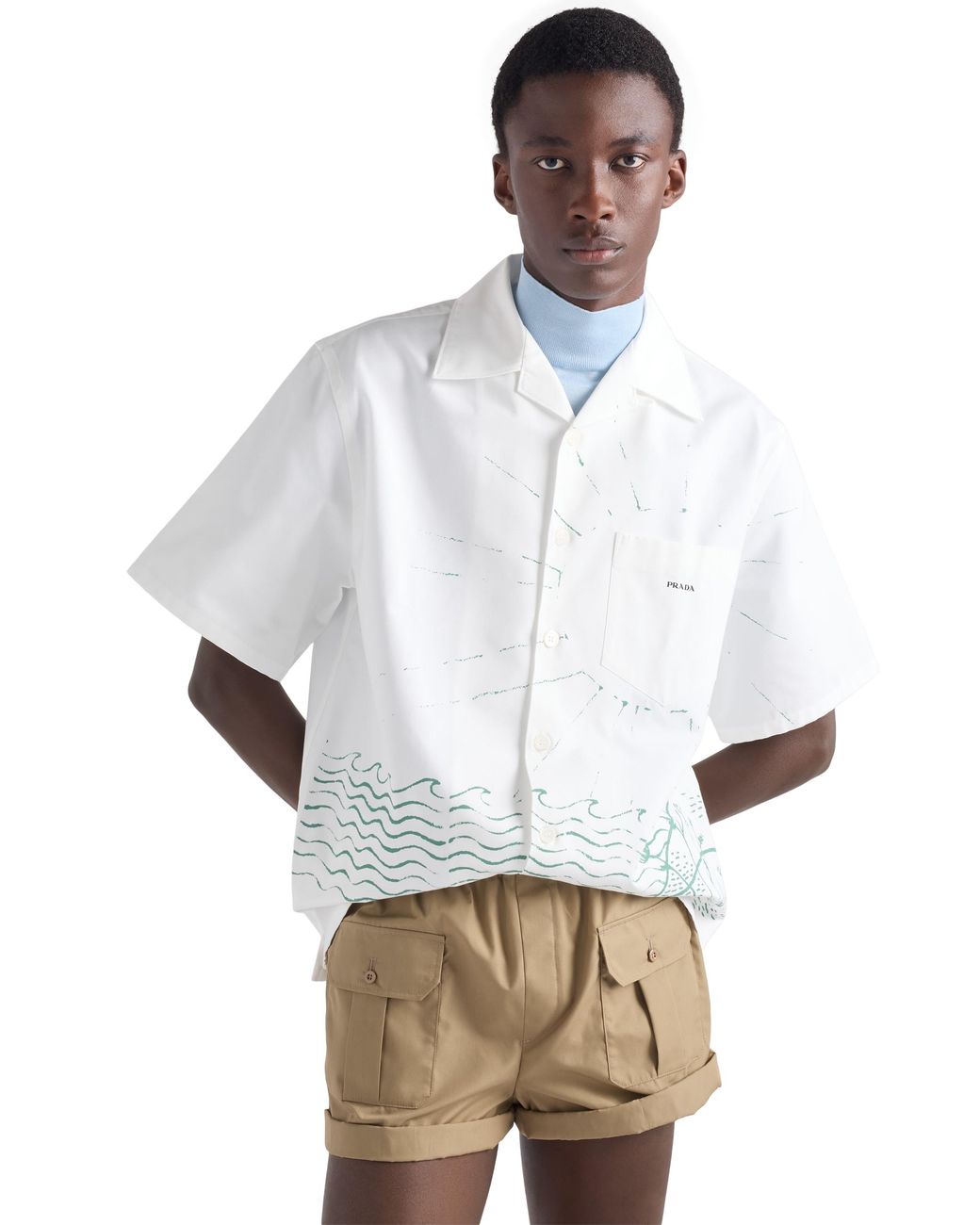 Prada White Printed Cotton Bowling Shirt for men