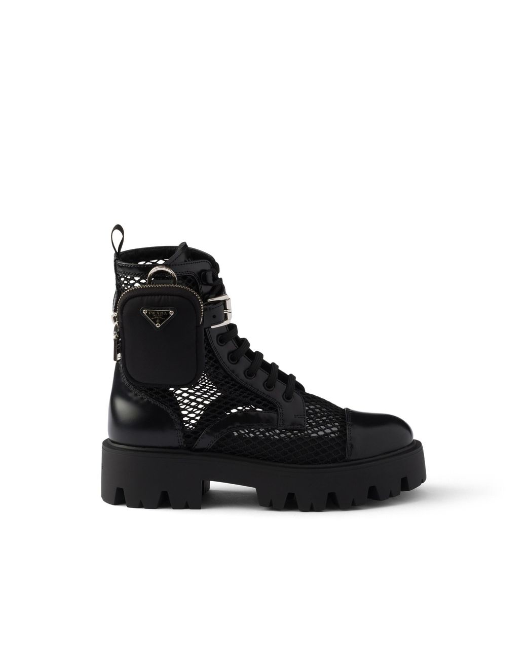 Prada Black Mesh Fabric And Brushed Leather Booties With Pouch