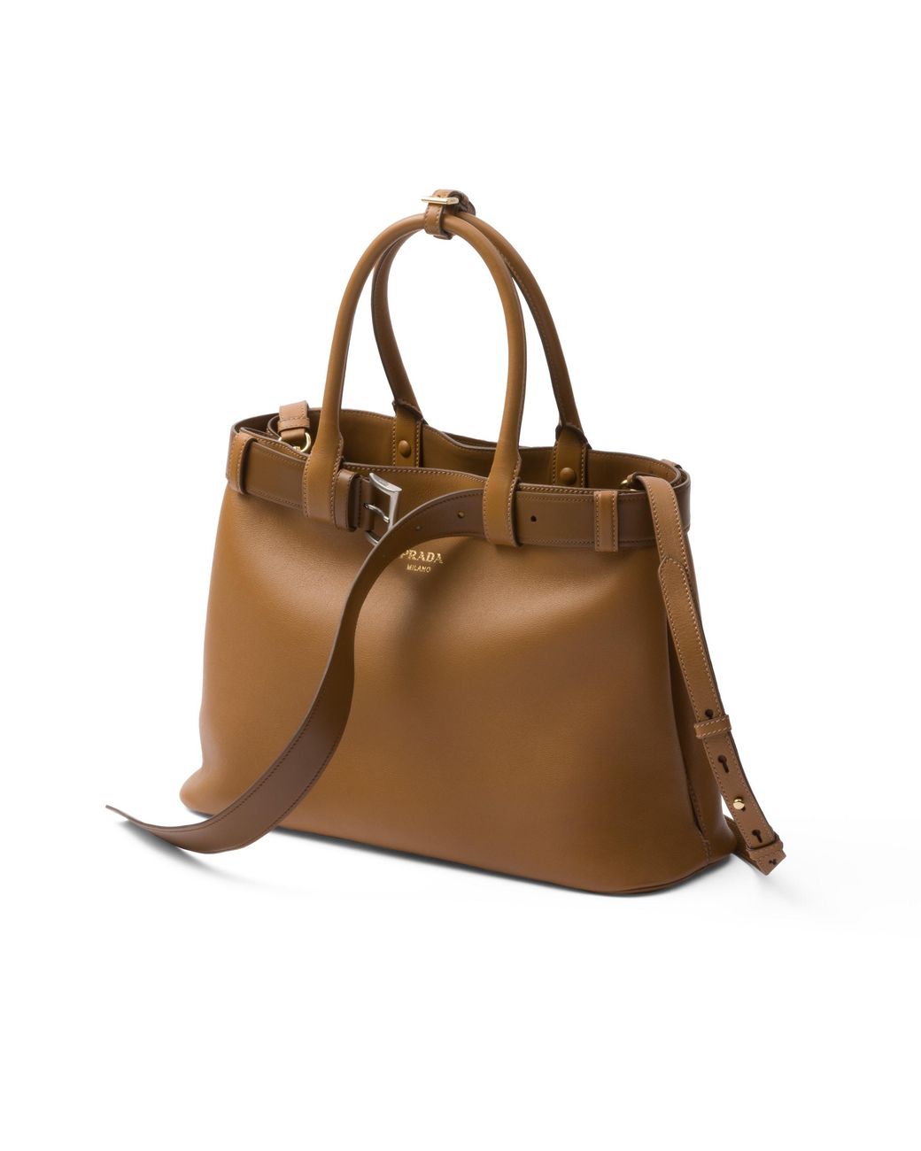 Prada Brown Buckle Large Leather Handbag With Belt
