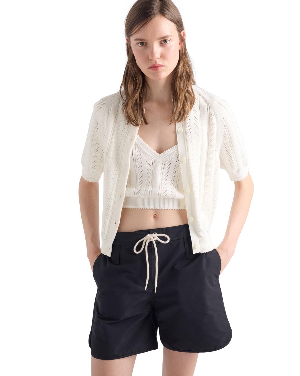 Prada White Short-Sleeved Openwork Cotton Cardigan