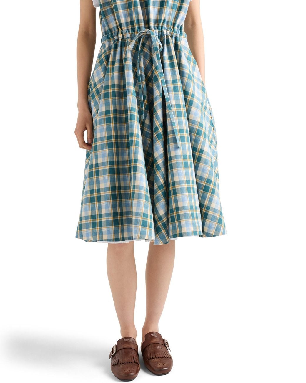 Prada Blue Embroidered Checked Cotton Dress, Natural