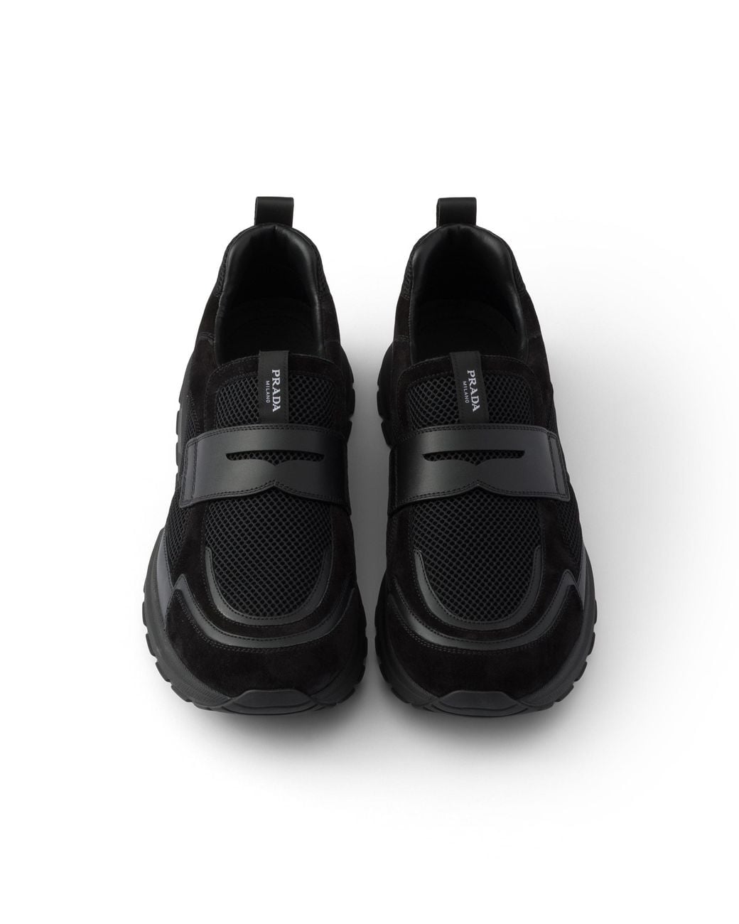 Prada Black Prax Mesh Fabric And Leather Loafers, Size 5,5 for men