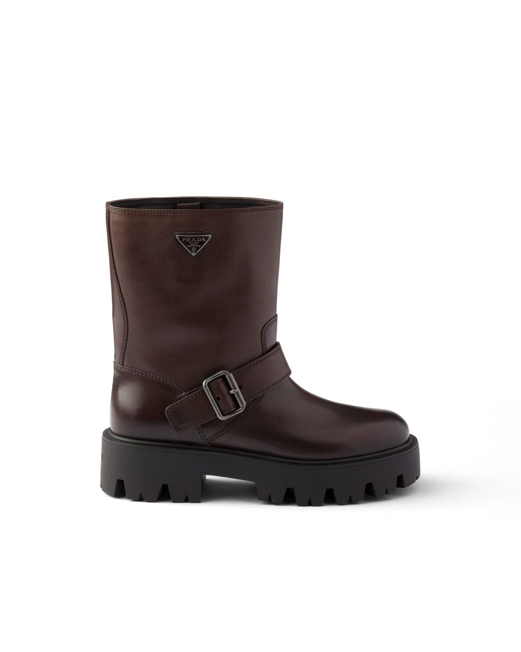 Prada Brown Stride Leather Mid-Calf Boots, Teak