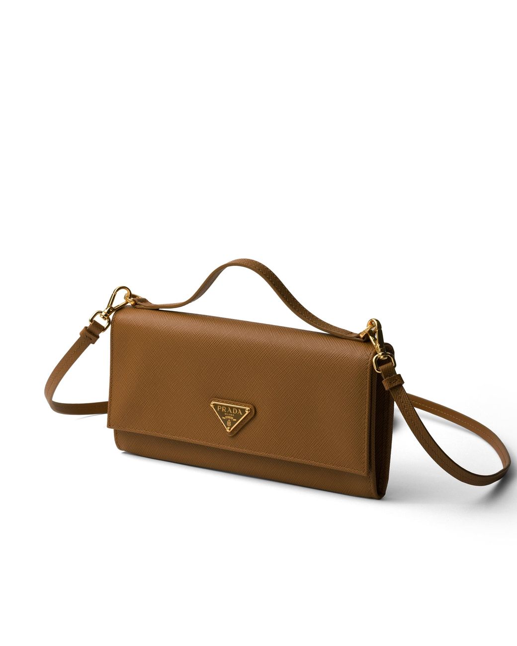 Prada Brown Saffiano Leather Wallet With Shoulder Strap