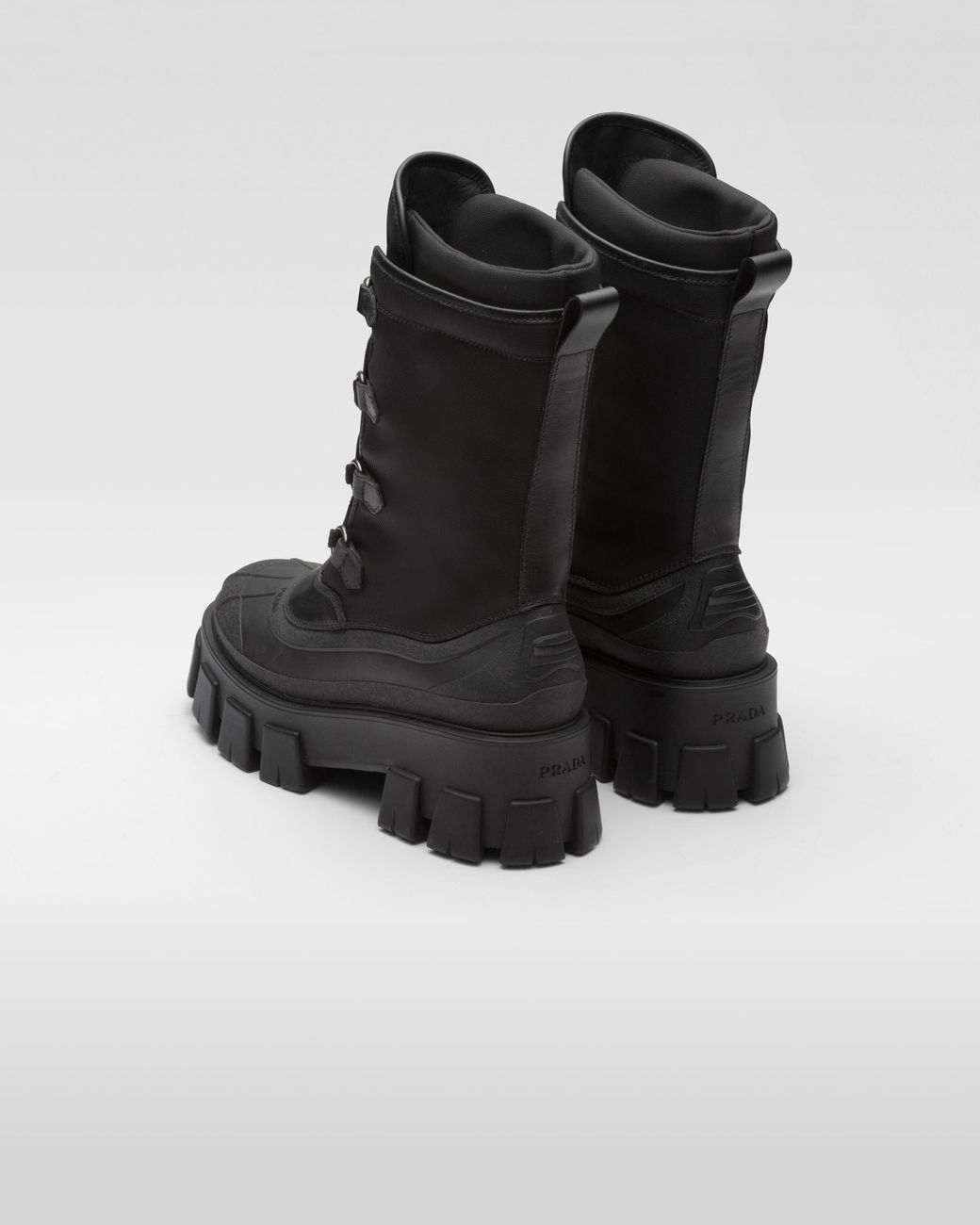 prada monolith leather and nylon ankle boots