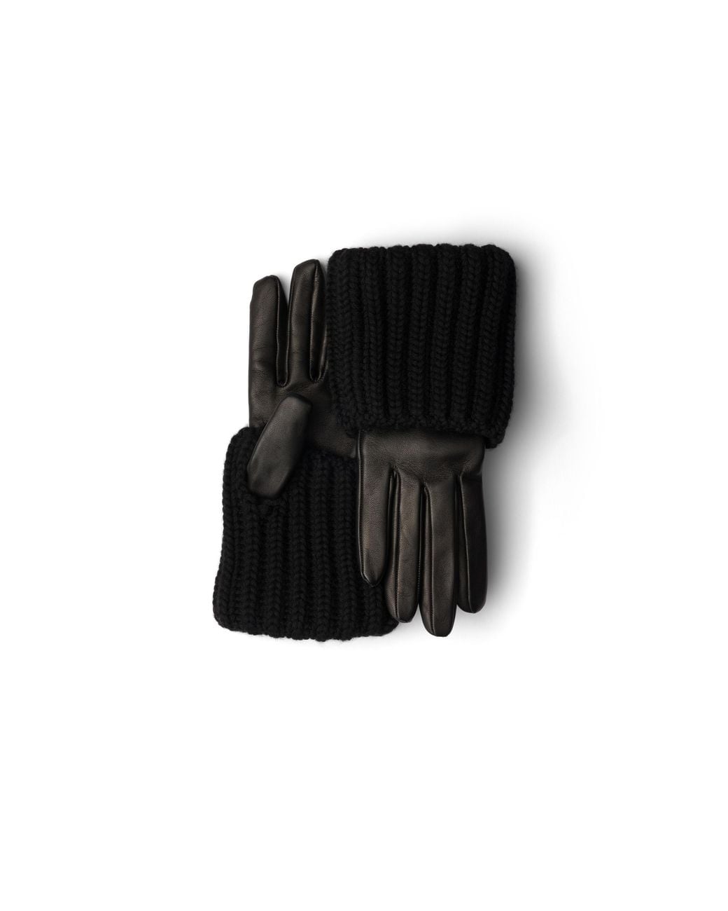 Prada Black Nappa Leather And Knit Gloves, Size 6,5