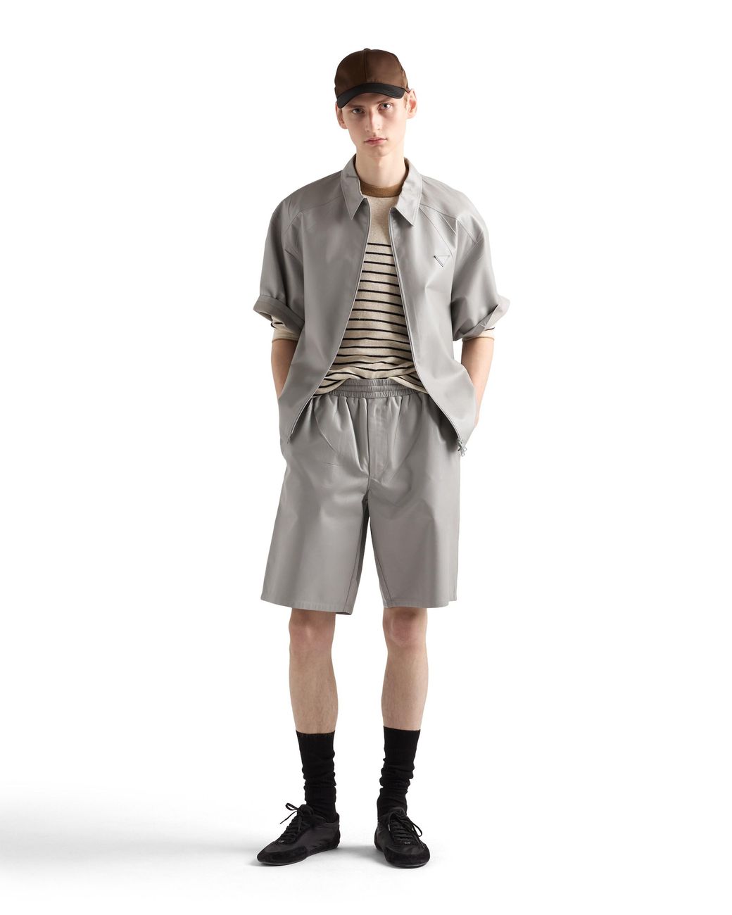 Prada Gray Leather Bermudas, Granite for men