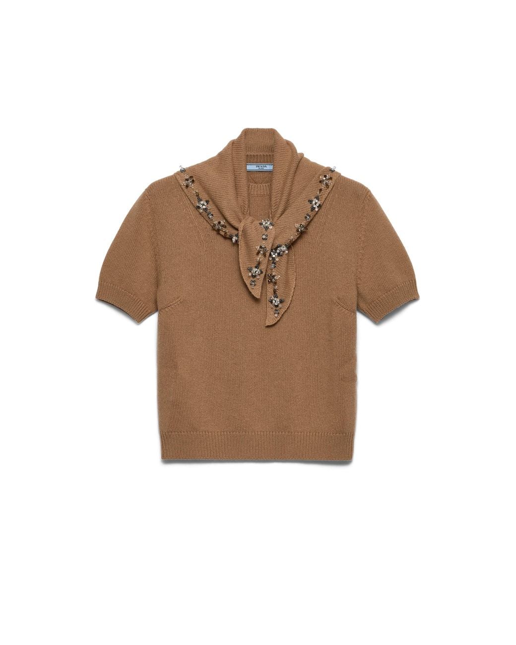 Prada Brown Short-Sleeved Cashmere Sweater With Scarf, Camel