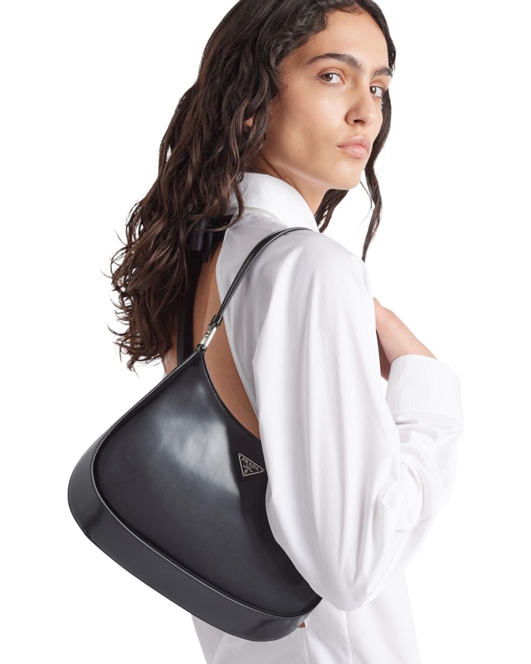 Prada Black Cleo Brand-Plaque Brushed Leather Shoulder Bag
