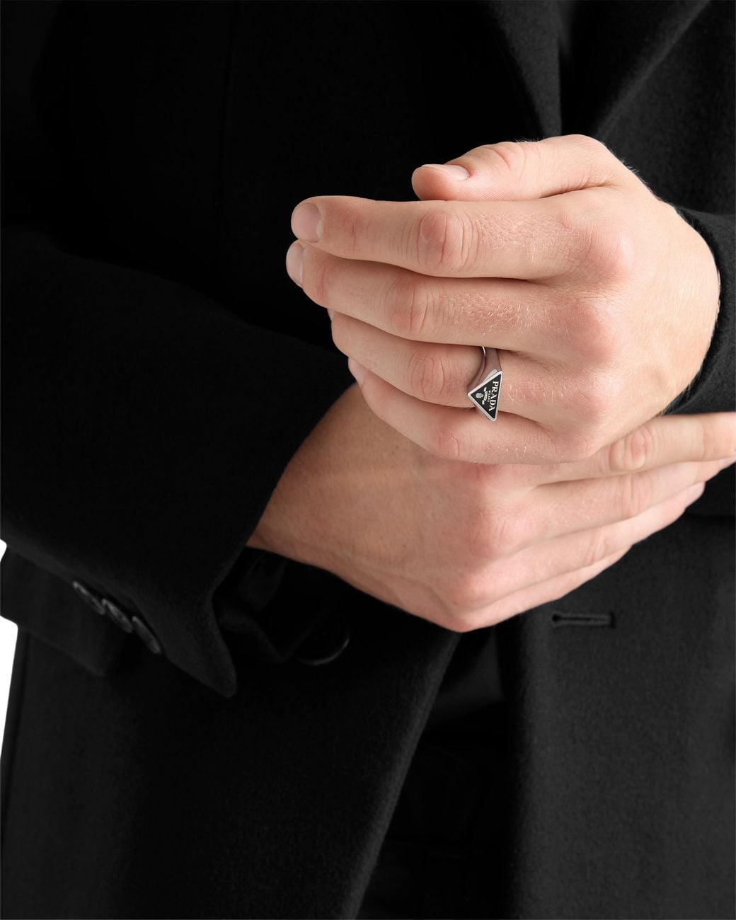 Prada White Enameled Metal Ring, Steel/ Size for men