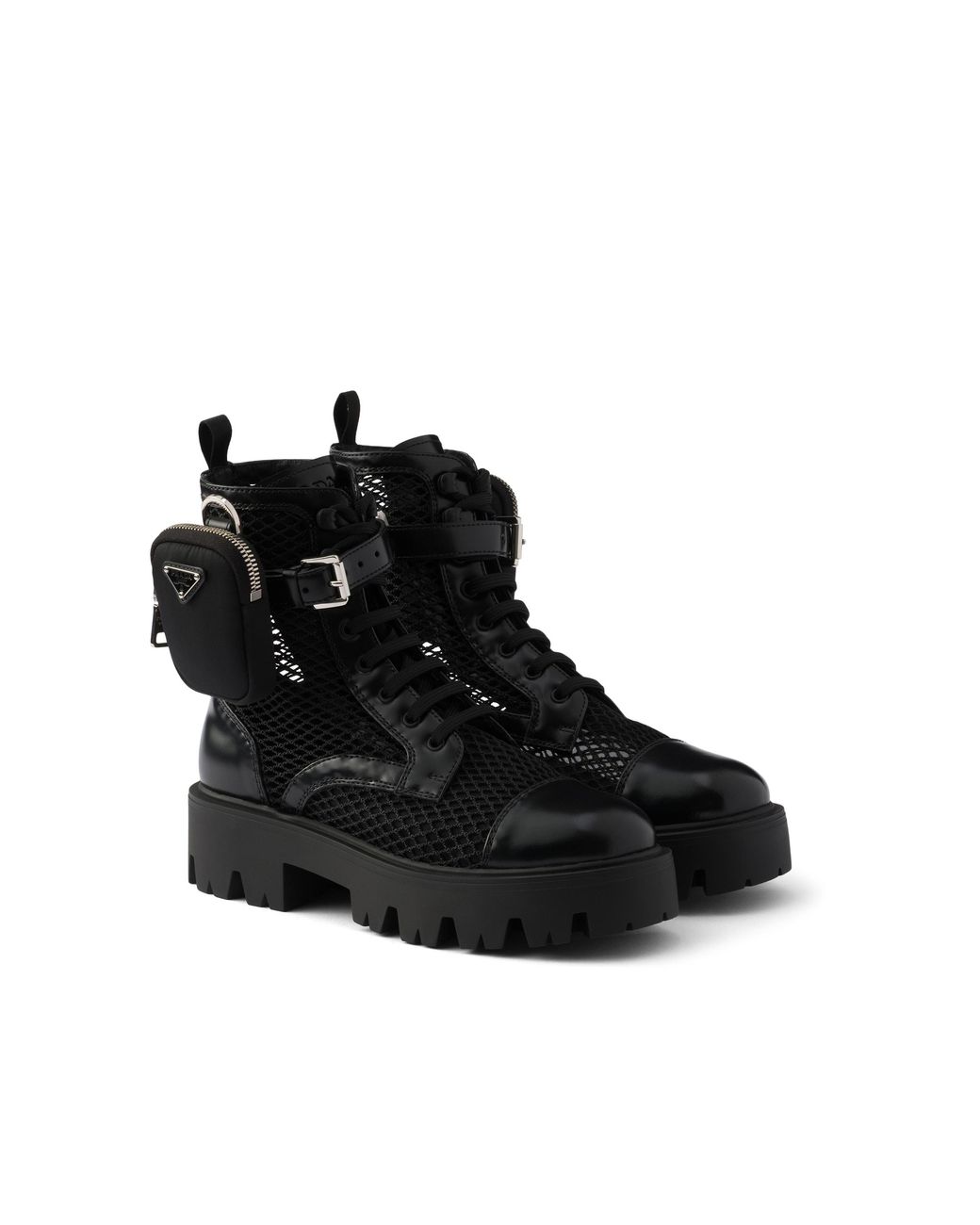 Prada Black Mesh Fabric And Brushed Leather Booties With Pouch