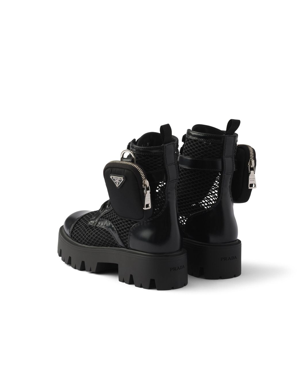 Prada Black Mesh Fabric And Brushed Leather Booties With Pouch