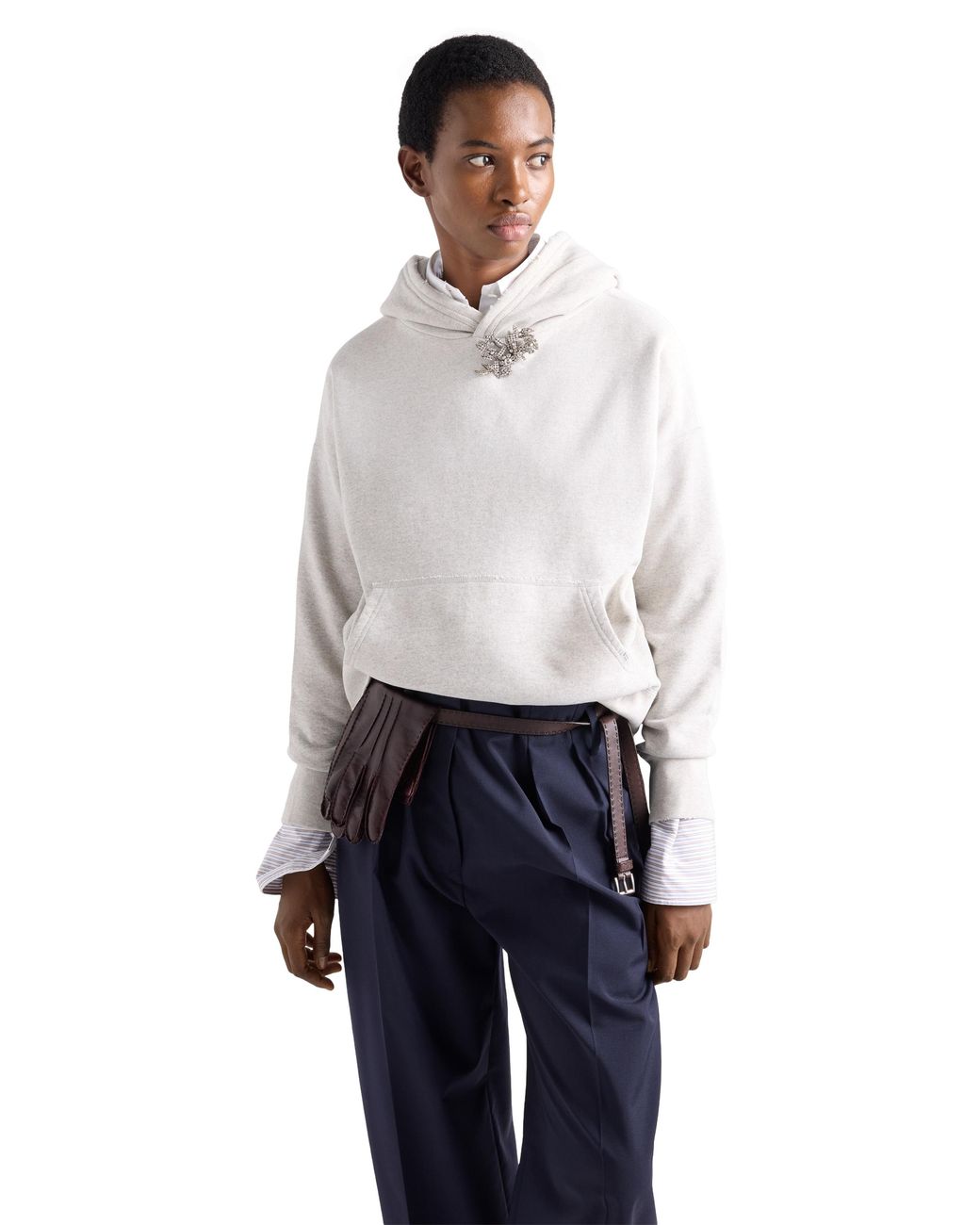 Prada White Cotton Fleece Hoodie With Jewel Brooch, Marble