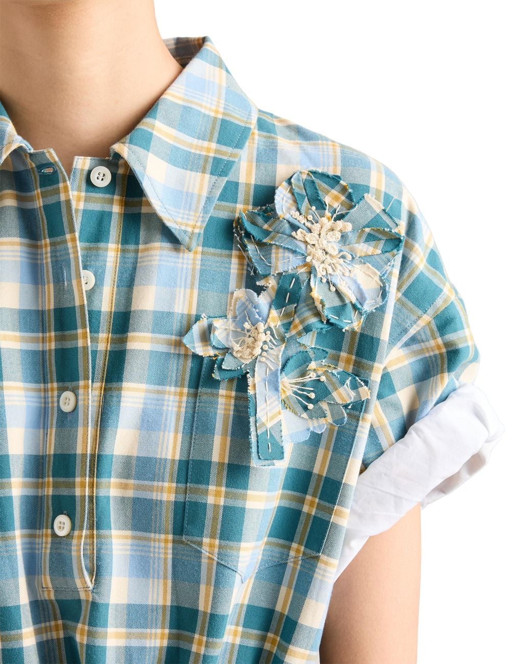 Prada Blue Embroidered Checked Cotton Dress, Natural