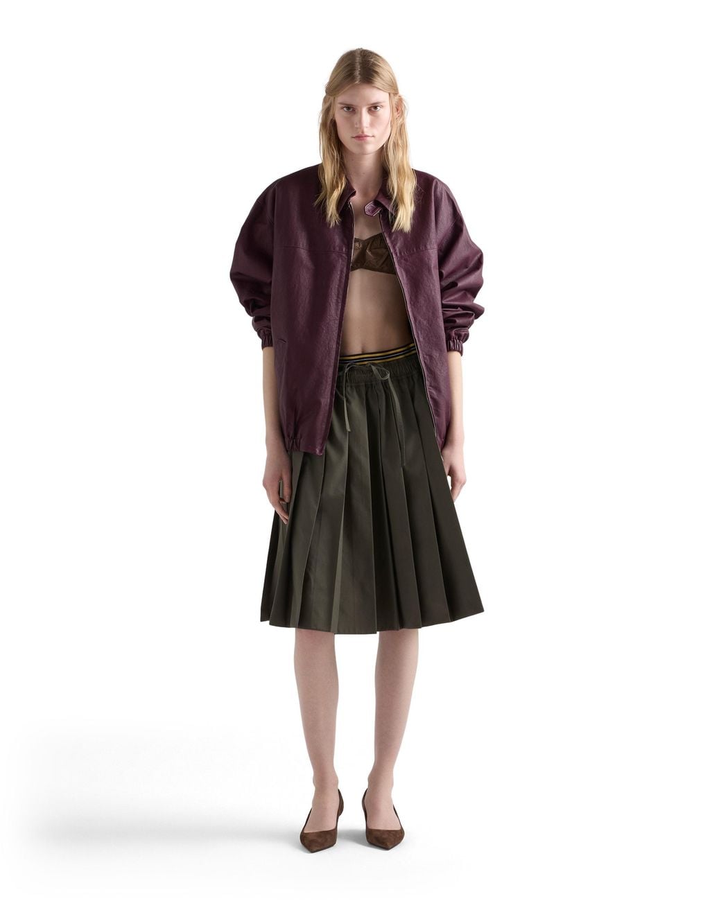 Prada Green Pleated Poplin Midi-Skirt, Forest