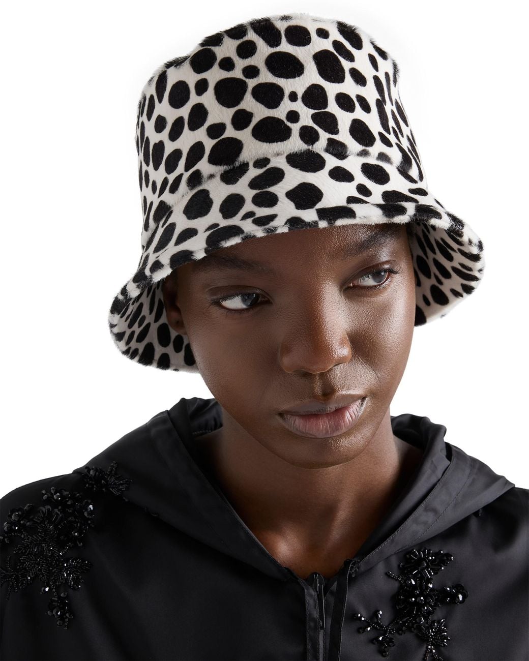 Prada White Printed Calf Hair Bucket Hat