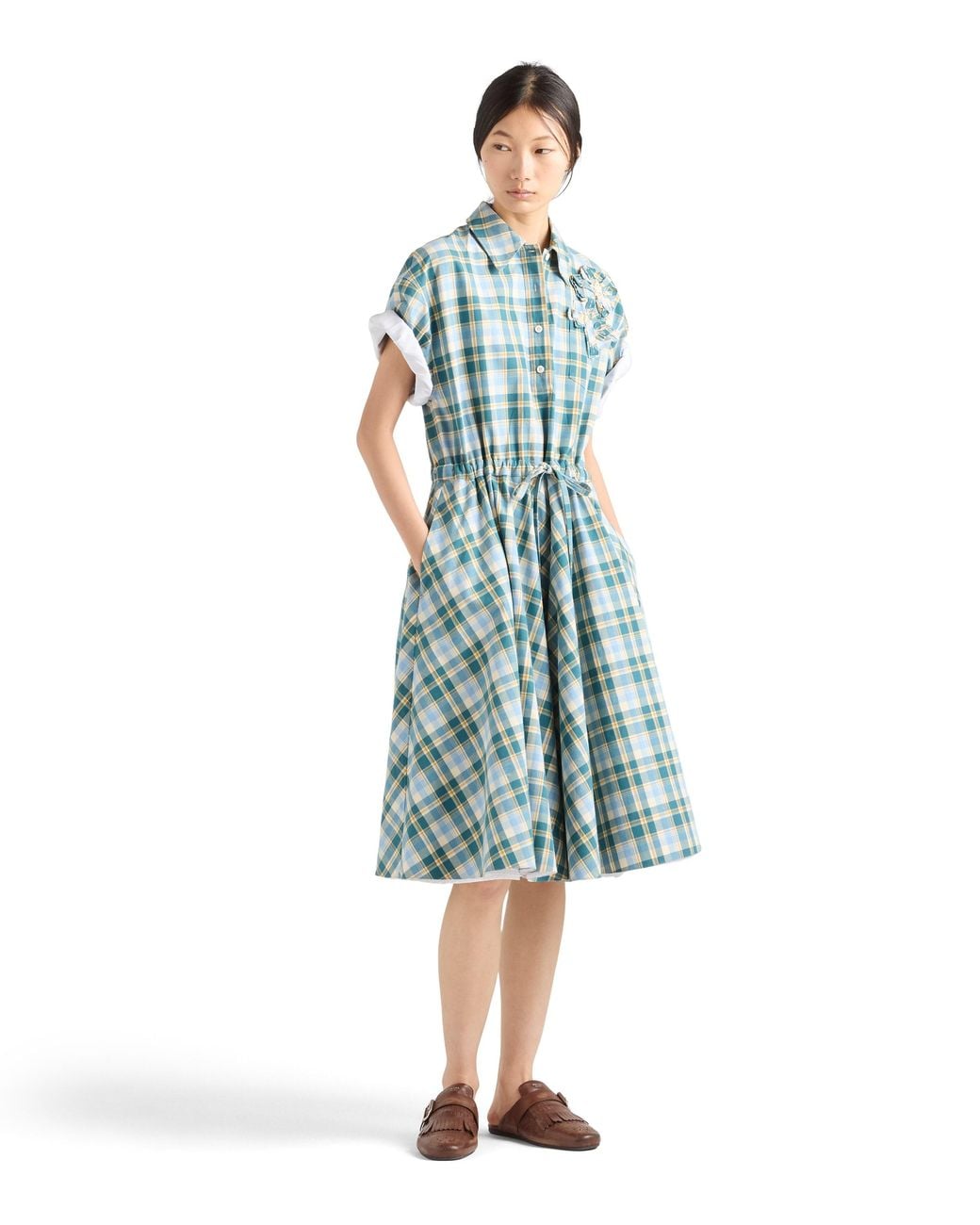 Prada Blue Embroidered Checked Cotton Dress, Natural